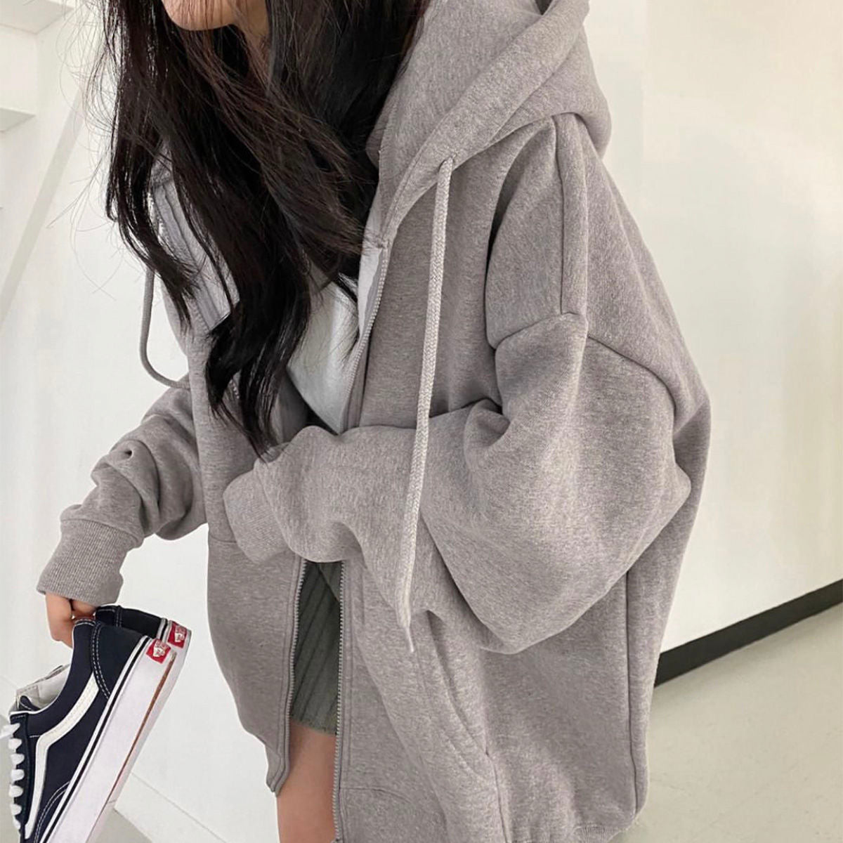 Women Hoodies Solid Color Zip Up Pocket Oversized