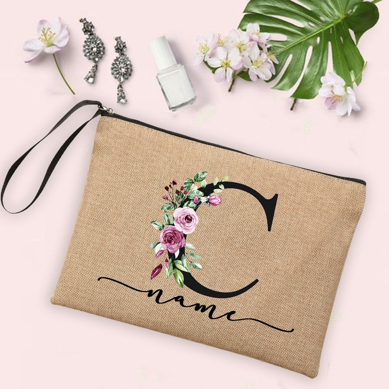 Flower Initial Letter Custom Name Cosmetic Bag Women