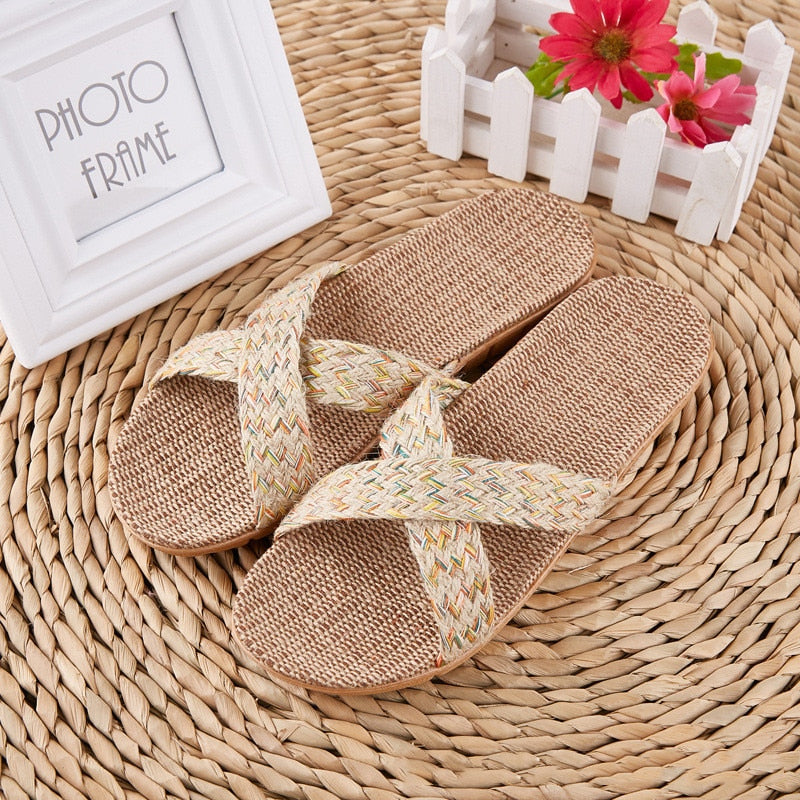 Women Indoor Slippers Home Flax Slides Summer