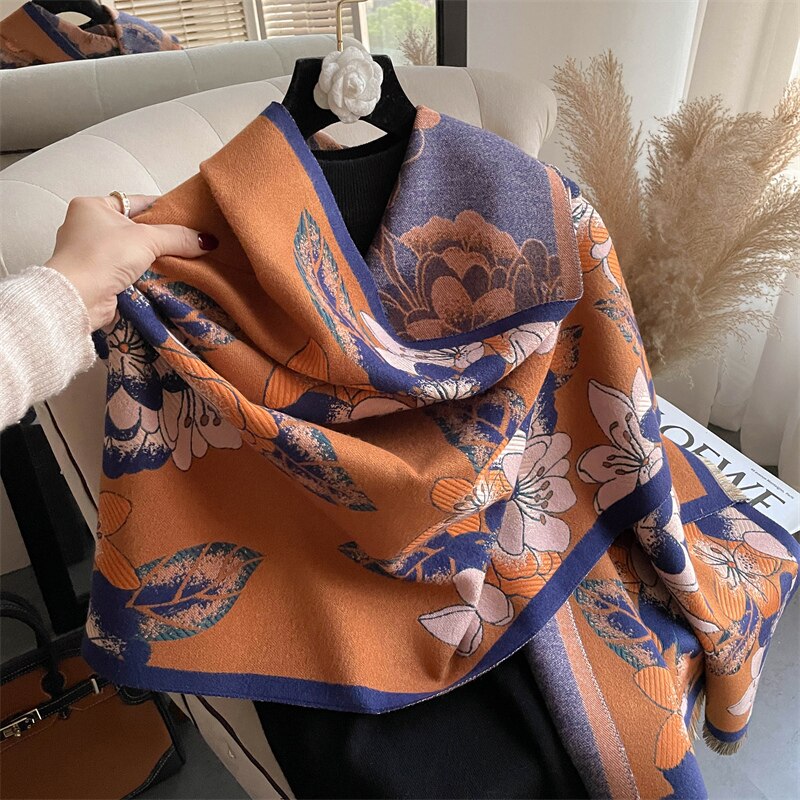 Thick Winter Poncho Women Scarf Luxury Floral Warm