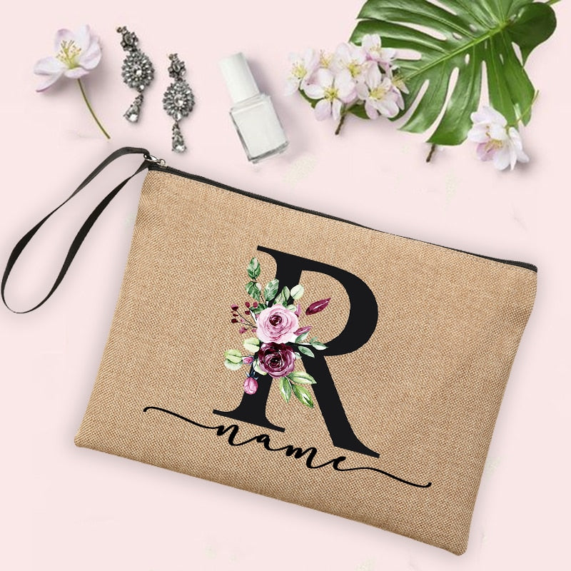 Flower Initial Letter Custom Name Cosmetic Bag Women