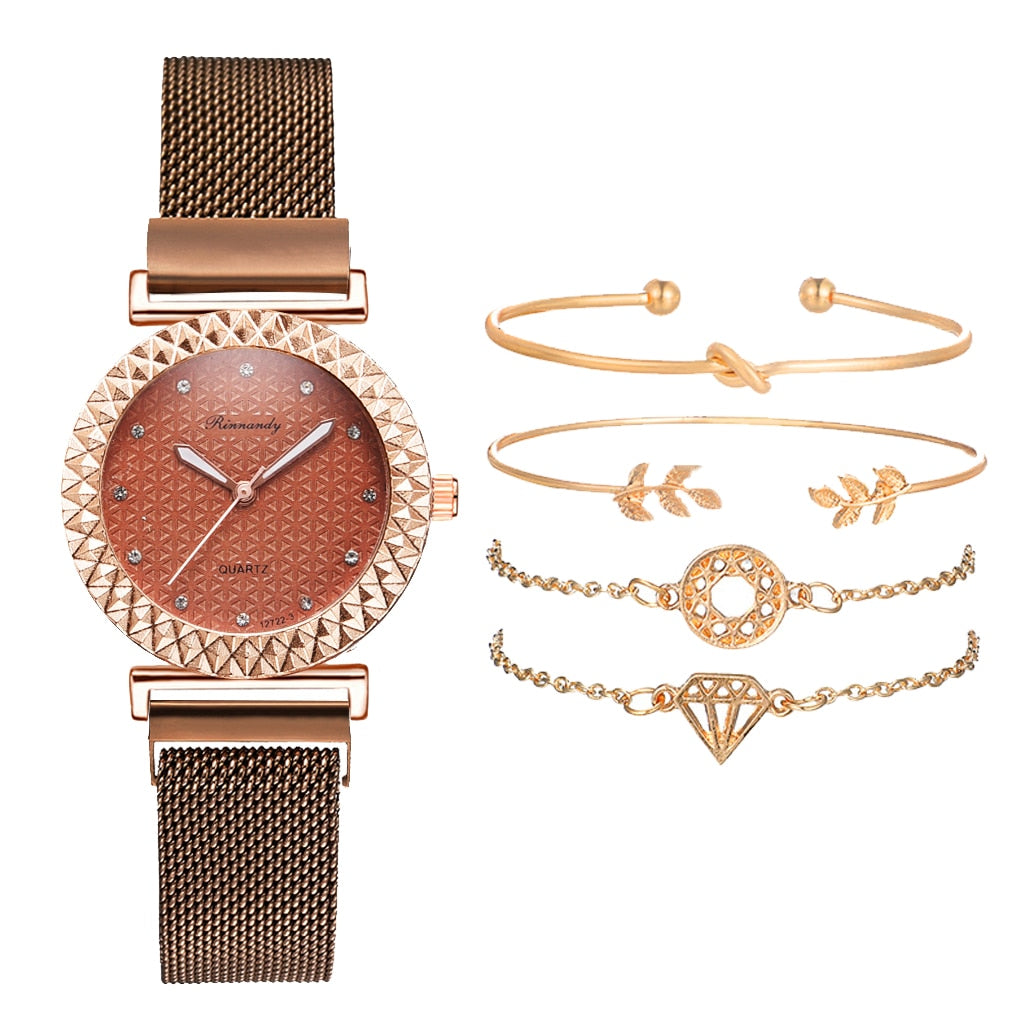 5PCS Women Watch Set Luxury Rose Gold