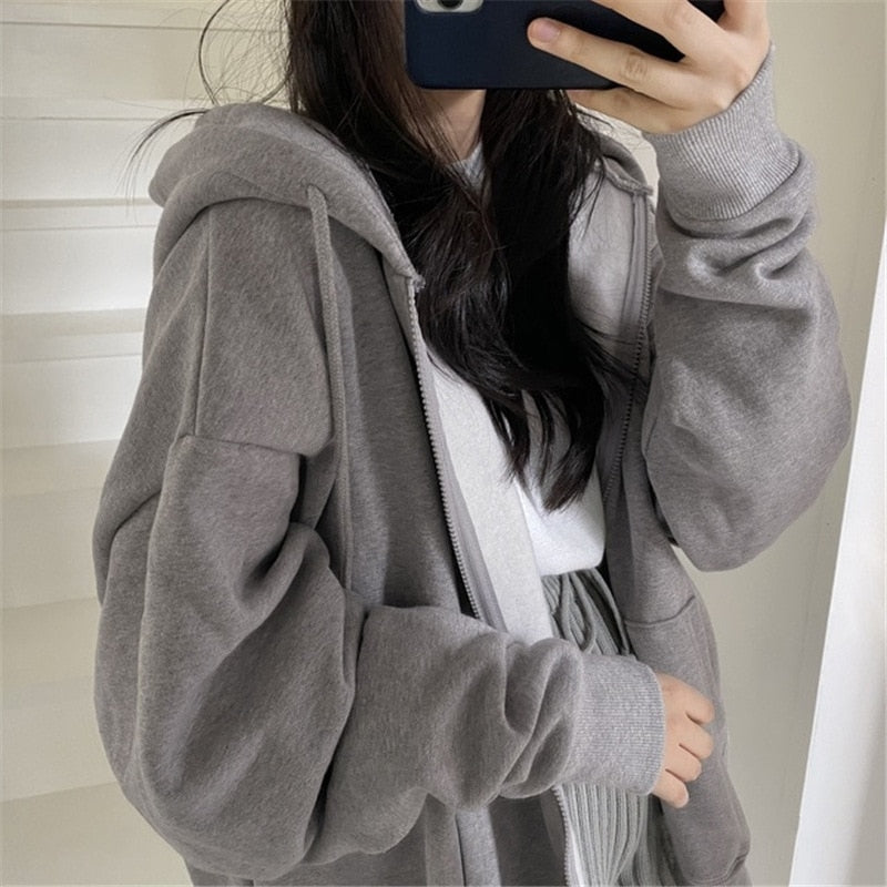 Women Hoodies Solid Color Zip Up Pocket Oversized