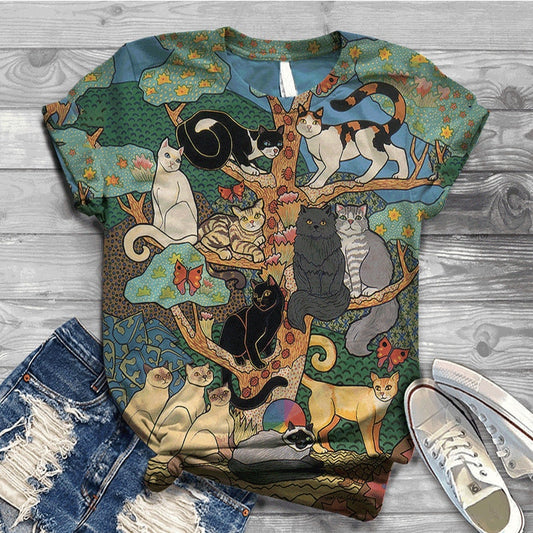 T-Shirt Women Summer Sleeve Digital 3D Cat Print