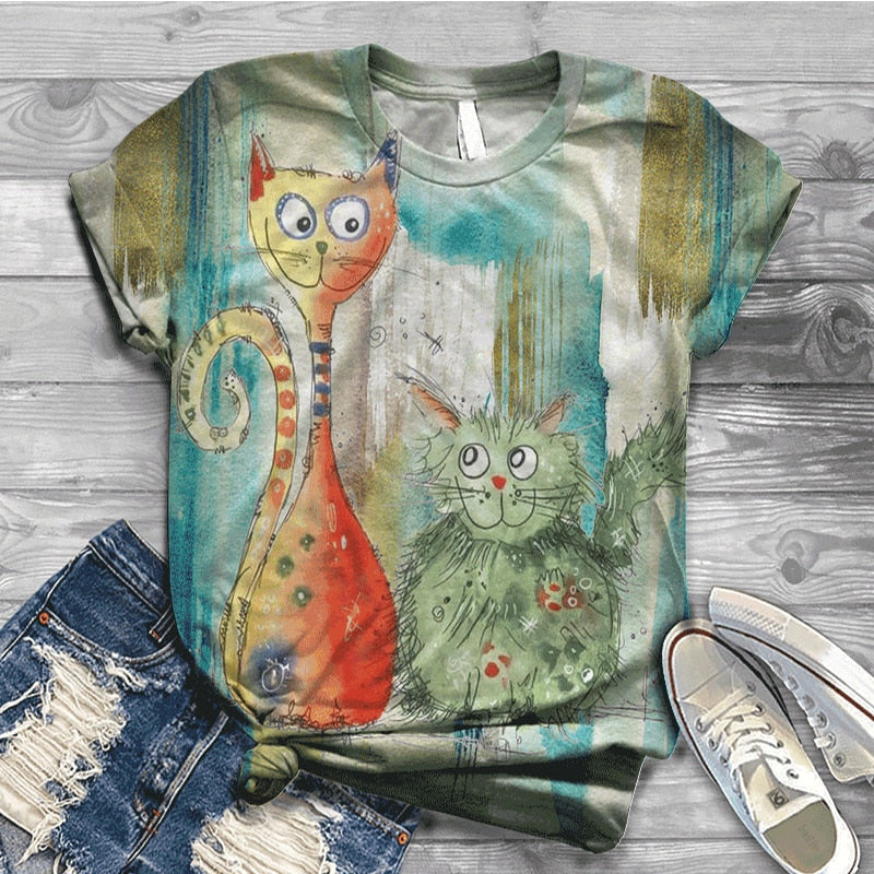 T-Shirt Women Summer Sleeve Digital 3D Cat Print