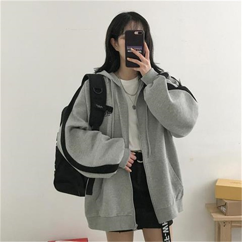 Women Hoodies Solid Color Zip Up Pocket Oversized