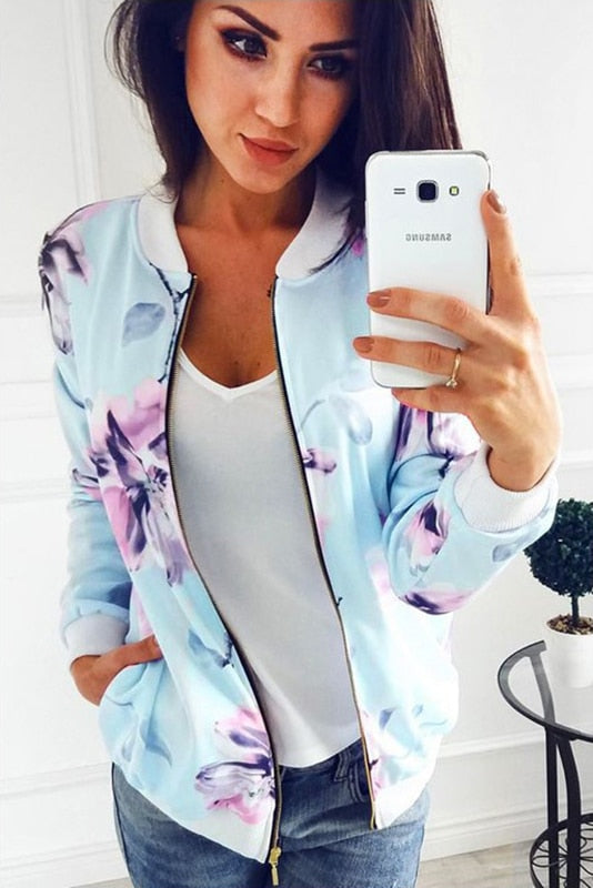 Women Floral Printed Jackets Spring Autumn Long Sleeve