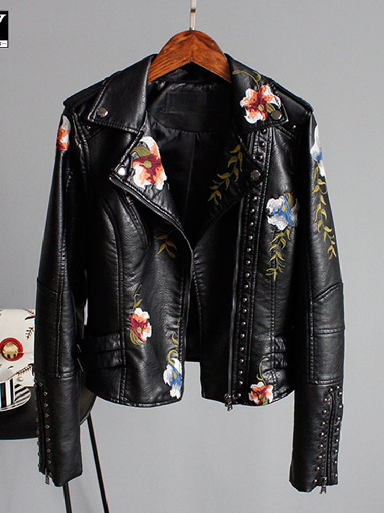 Lin Floral Print Embroidery Faux Soft Leather Jacket