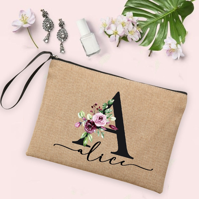 Flower Initial Letter Custom Name Cosmetic Bag Women