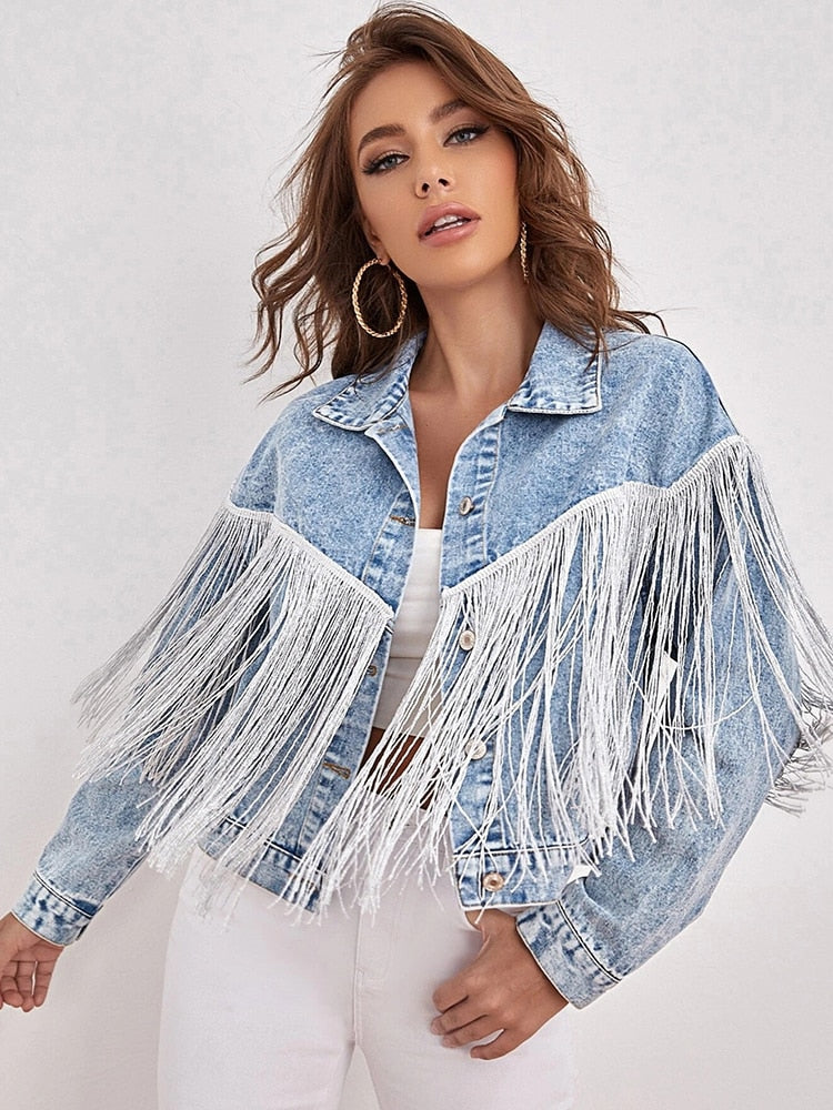 New Spring Women Loose Tassel  Blue Denim Jacket