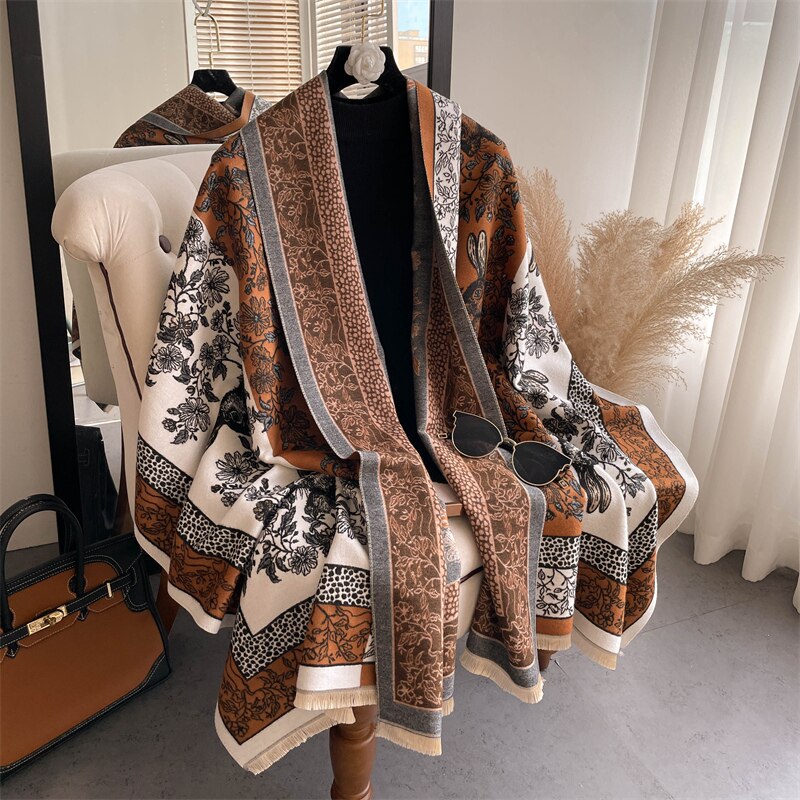 Thick Winter Poncho Women Scarf Luxury Floral Warm