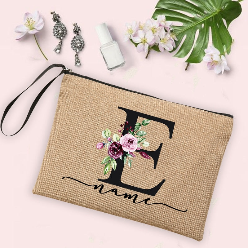 Flower Initial Letter Custom Name Cosmetic Bag Women