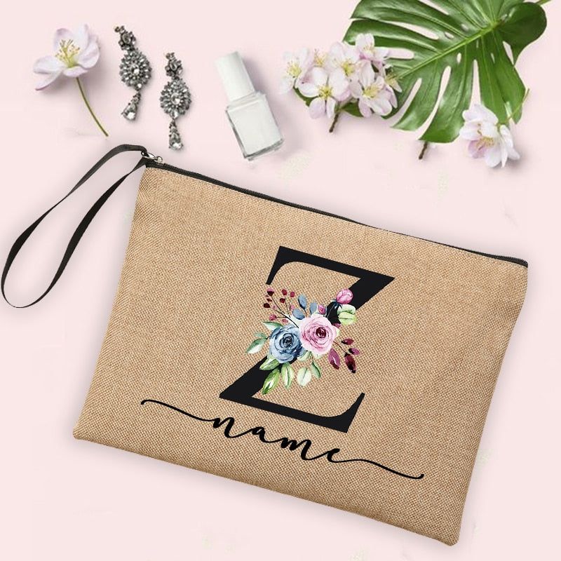 Flower Initial Letter Custom Name Cosmetic Bag Women