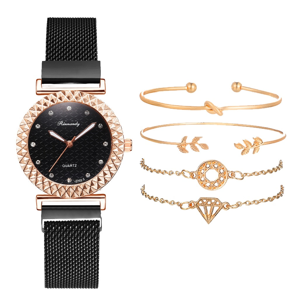 5PCS Women Watch Set Luxury Rose Gold