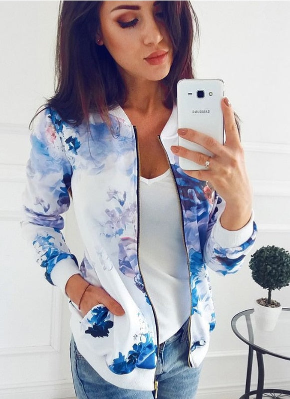 Women Floral Printed Jackets Spring Autumn Long Sleeve