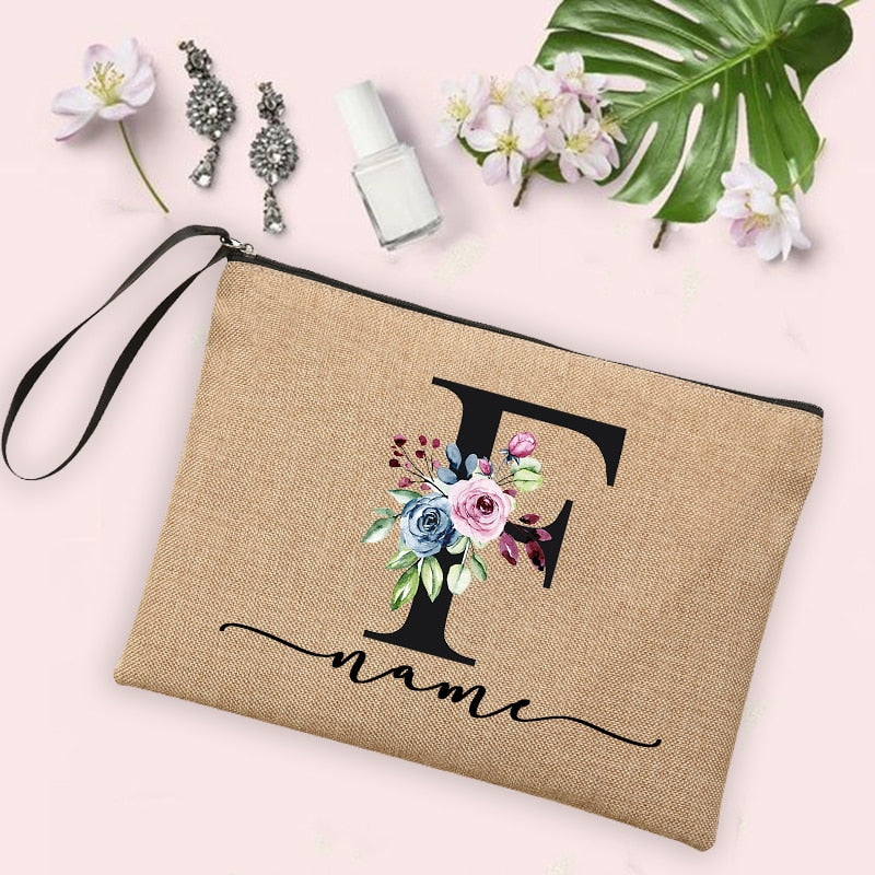 Flower Initial Letter Custom Name Cosmetic Bag Women