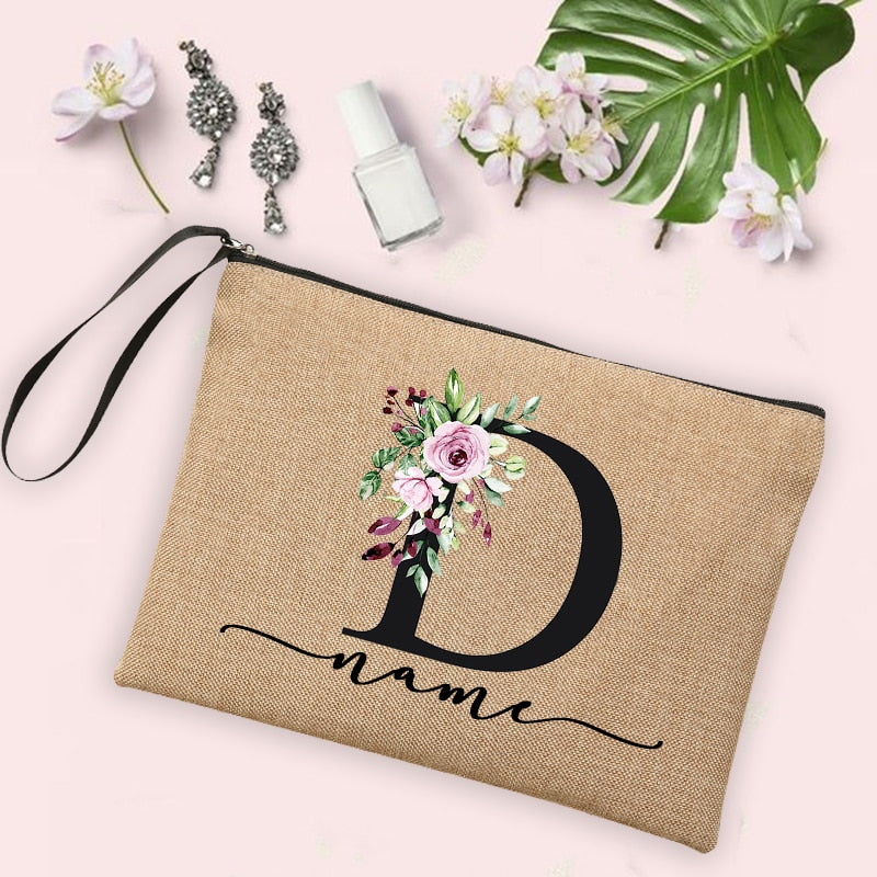 Flower Initial Letter Custom Name Cosmetic Bag Women