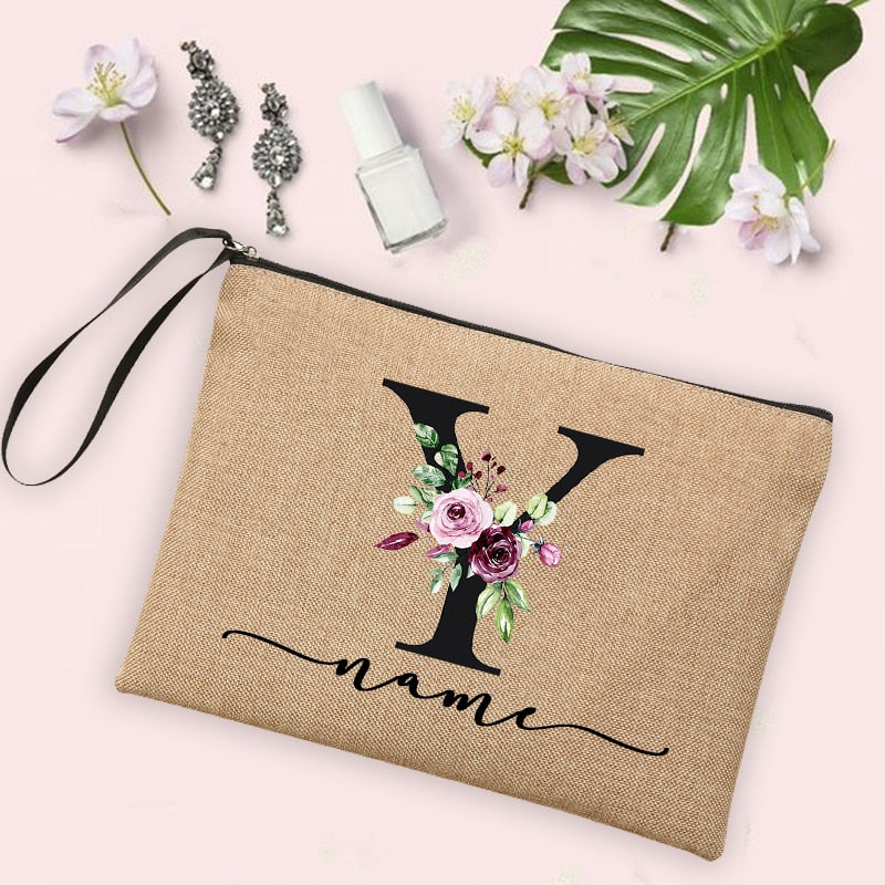 Flower Initial Letter Custom Name Cosmetic Bag Women