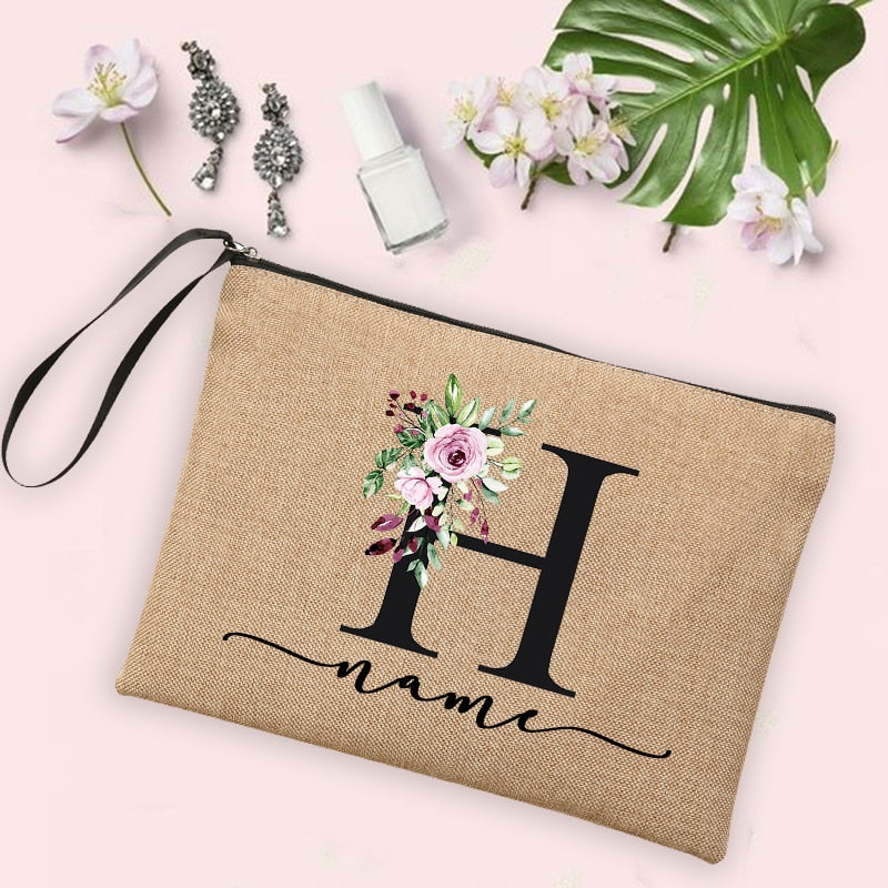 Flower Initial Letter Custom Name Cosmetic Bag Women