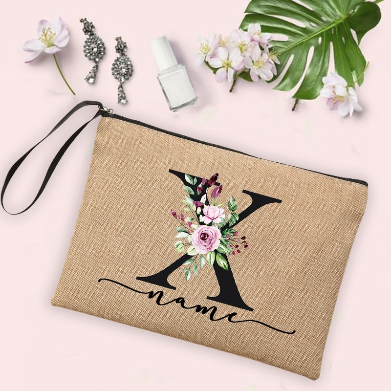 Flower Initial Letter Custom Name Cosmetic Bag Women