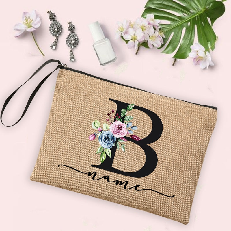 Flower Initial Letter Custom Name Cosmetic Bag Women