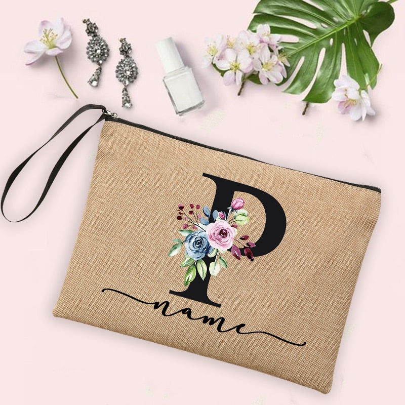 Flower Initial Letter Custom Name Cosmetic Bag Women