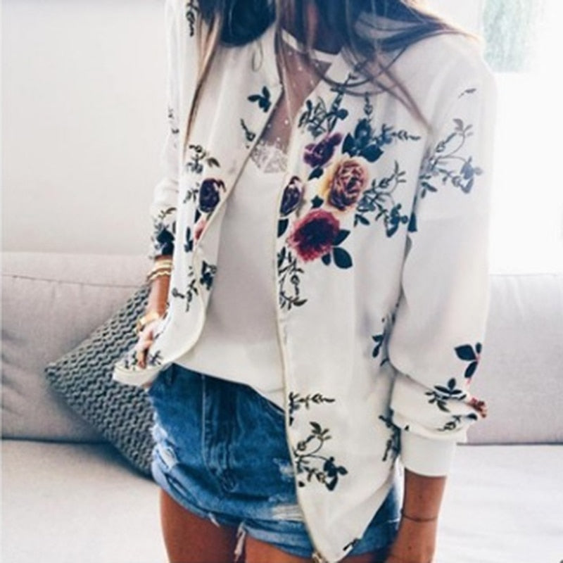 Women Floral Printed Jackets Spring Autumn Long Sleeve