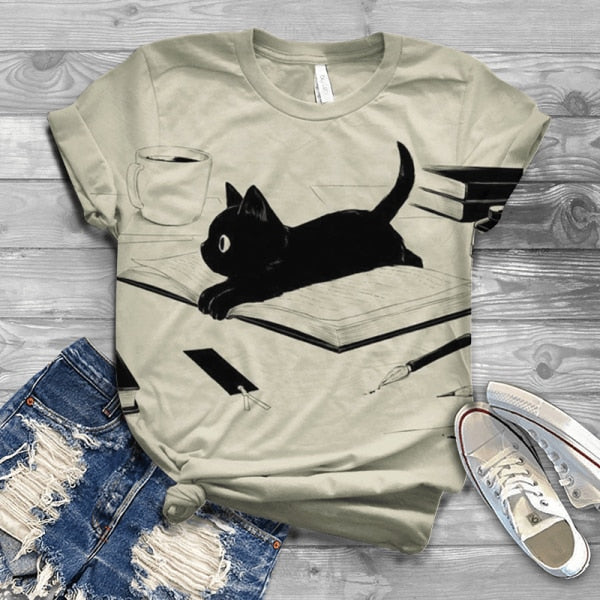 T-Shirt Women Summer Sleeve Digital 3D Cat Print