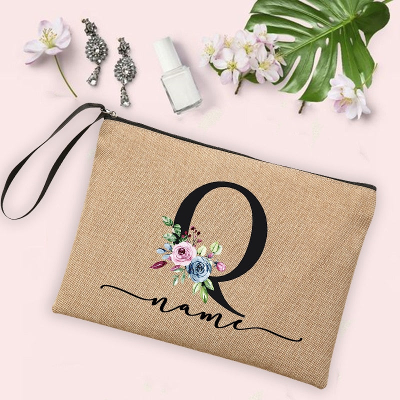 Flower Initial Letter Custom Name Cosmetic Bag Women