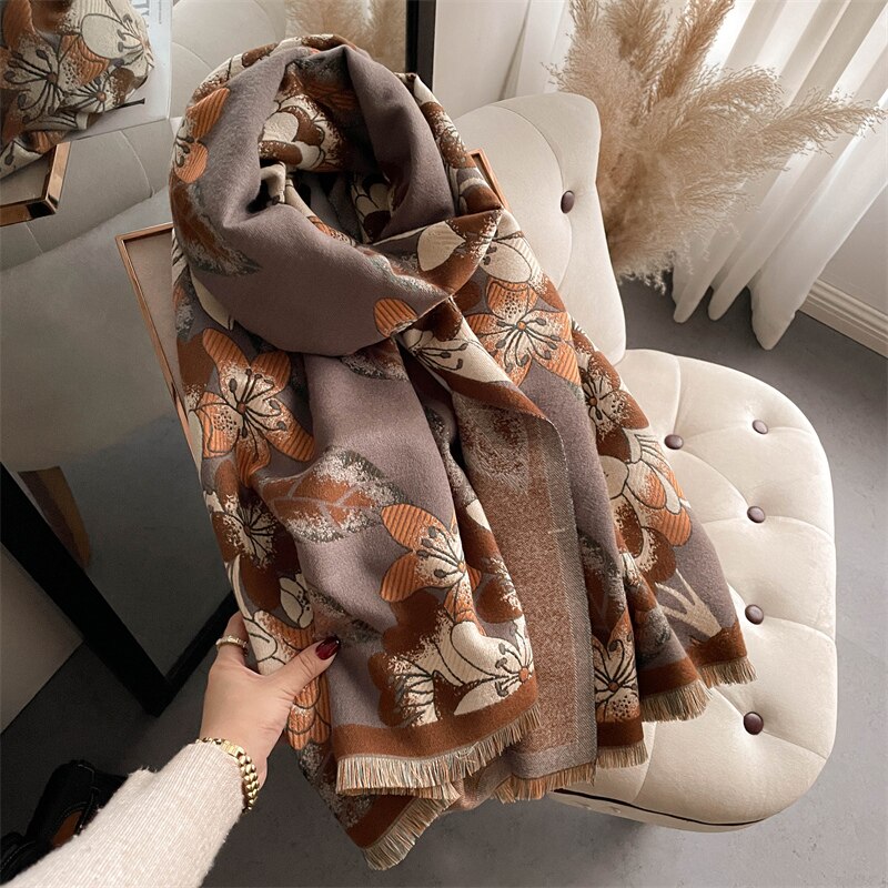 Thick Winter Poncho Women Scarf Luxury Floral Warm