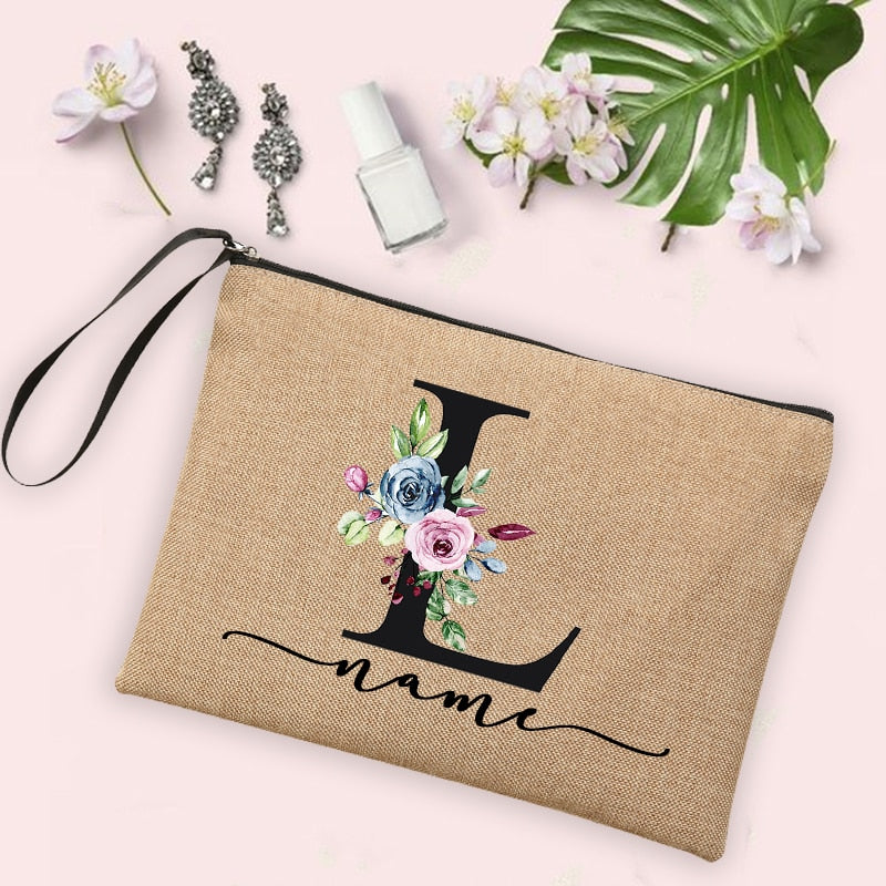 Flower Initial Letter Custom Name Cosmetic Bag Women