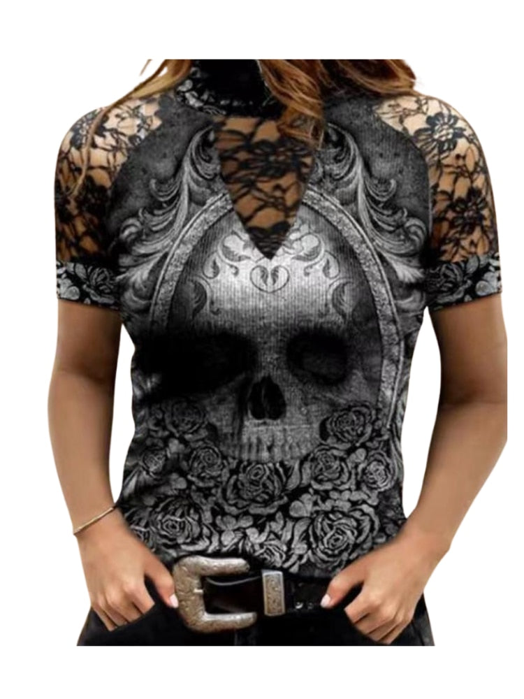 Fashion Women Print T-shirt Gothic Hollow Short Sleeve