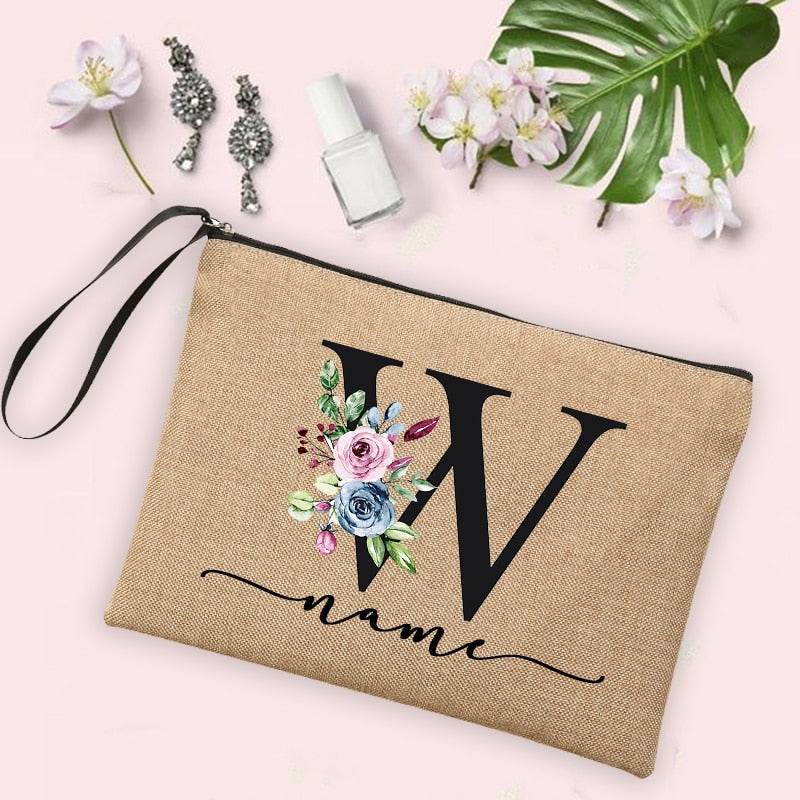 Flower Initial Letter Custom Name Cosmetic Bag Women