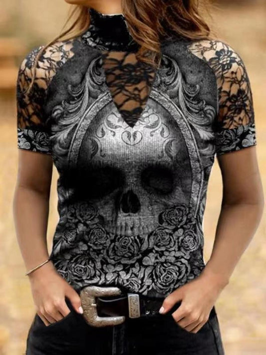 Fashion Women Print T-shirt Gothic Hollow Short Sleeve