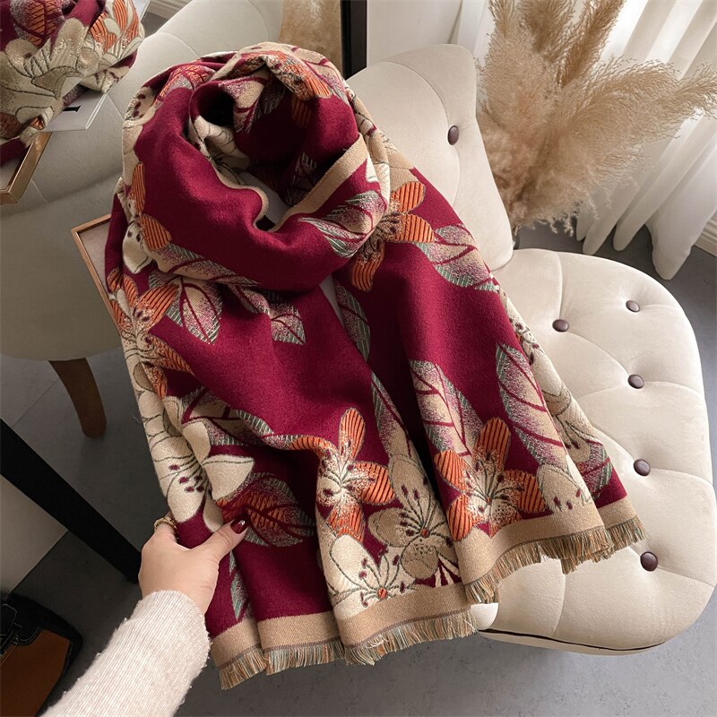 Thick Winter Poncho Women Scarf Luxury Floral Warm