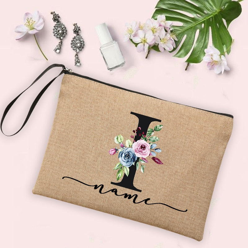 Flower Initial Letter Custom Name Cosmetic Bag Women