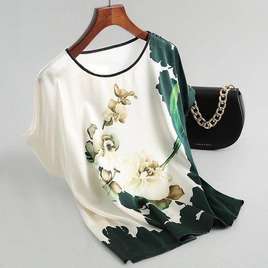 Fashion Floral Print Blouse Pullover Ladies Silk Satin