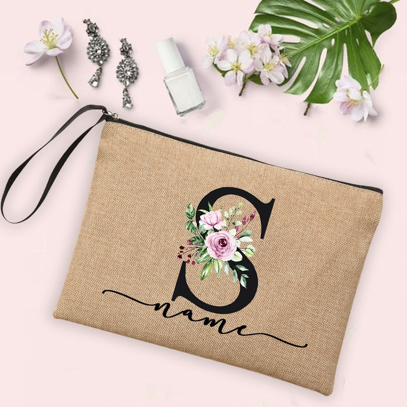 Flower Initial Letter Custom Name Cosmetic Bag Women