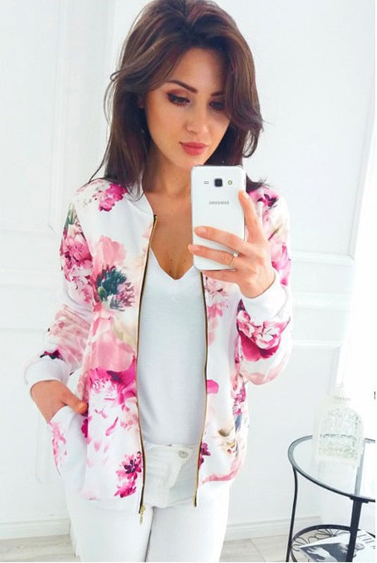 Women Floral Printed Jackets Spring Autumn Long Sleeve