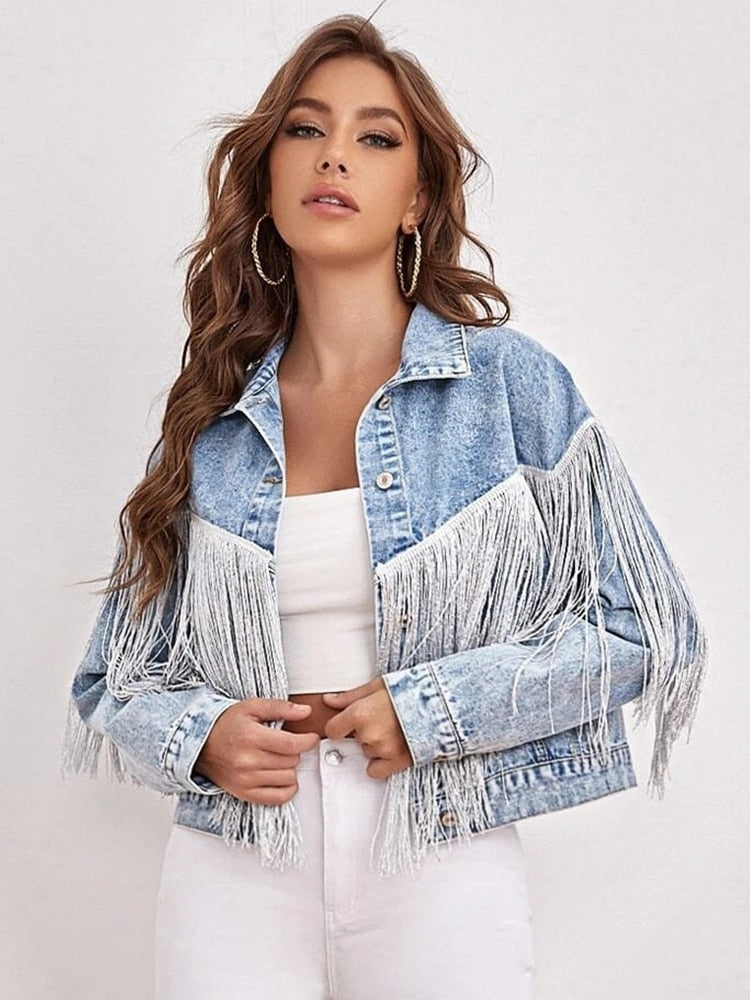 New Spring Women Loose Tassel  Blue Denim Jacket