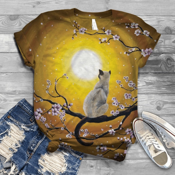 T-Shirt Women Summer Sleeve Digital 3D Cat Print