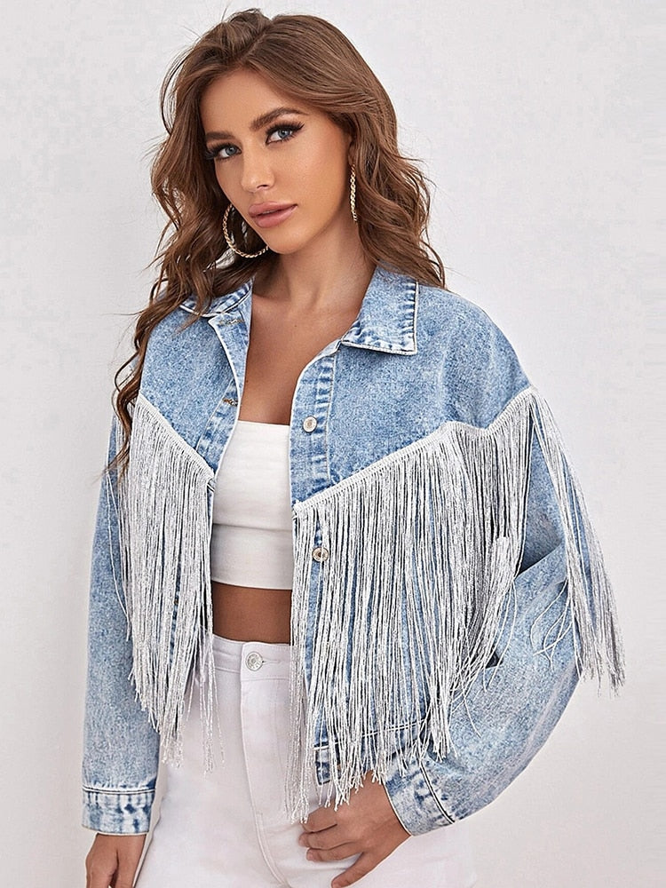 New Spring Women Loose Tassel  Blue Denim Jacket