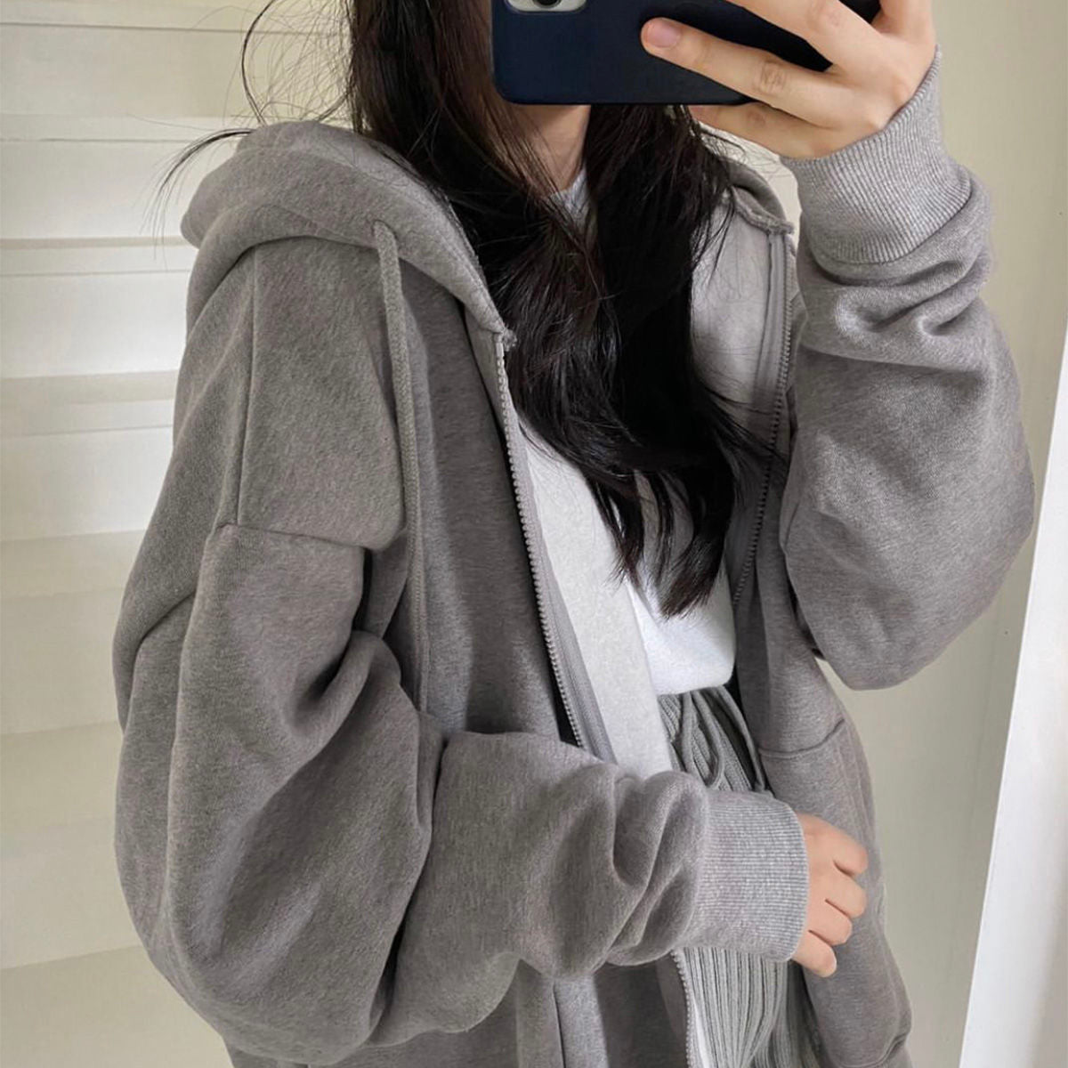 Women Hoodies Solid Color Zip Up Pocket Oversized