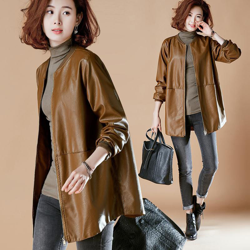 Women  Mid Length Leather Jacket PU Commute Style