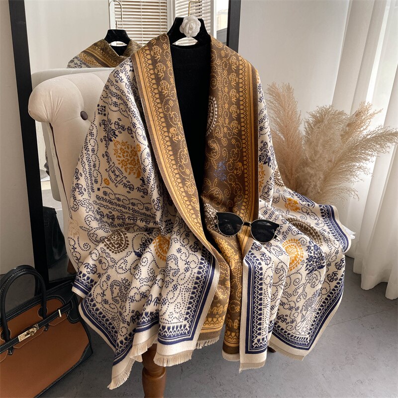 Thick Winter Poncho Women Scarf Luxury Floral Warm