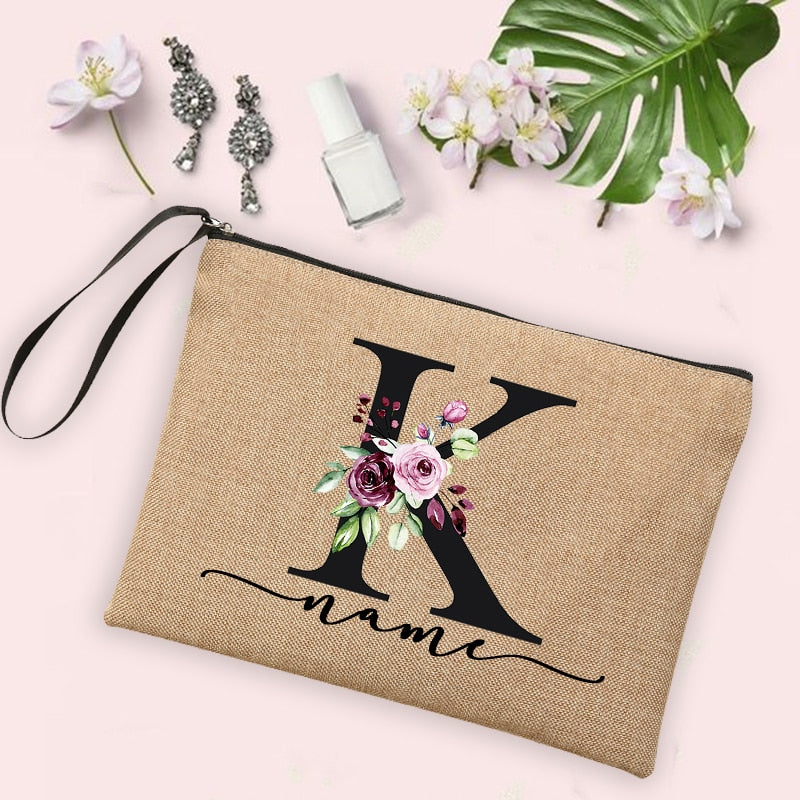 Flower Initial Letter Custom Name Cosmetic Bag Women