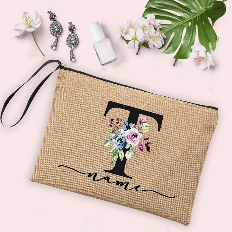 Flower Initial Letter Custom Name Cosmetic Bag Women