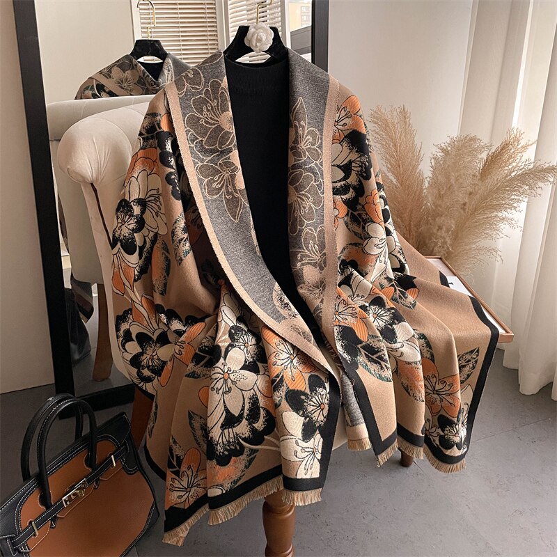 Thick Winter Poncho Women Scarf Luxury Floral Warm