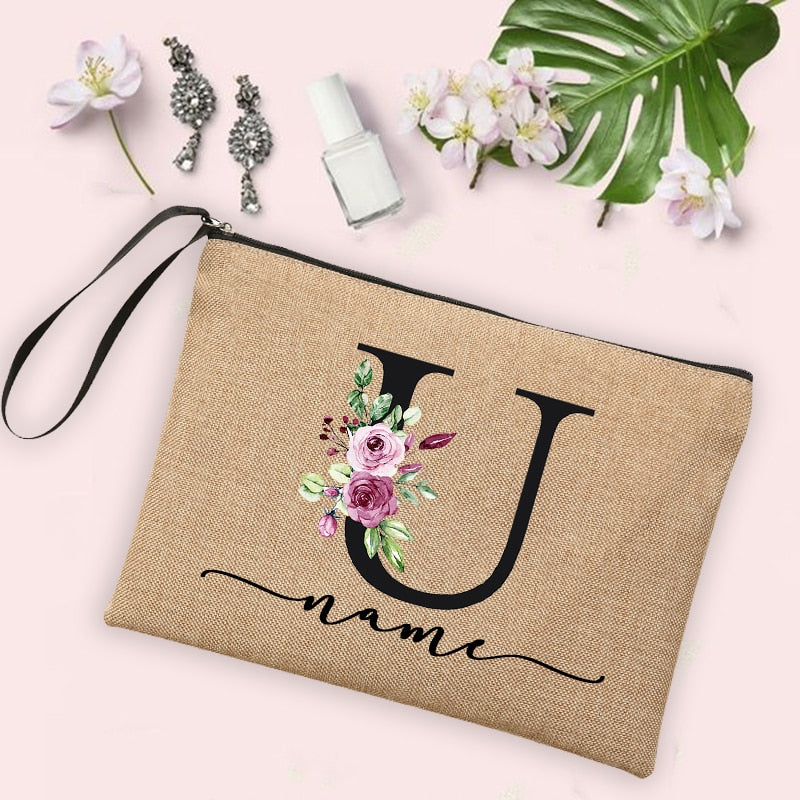 Flower Initial Letter Custom Name Cosmetic Bag Women