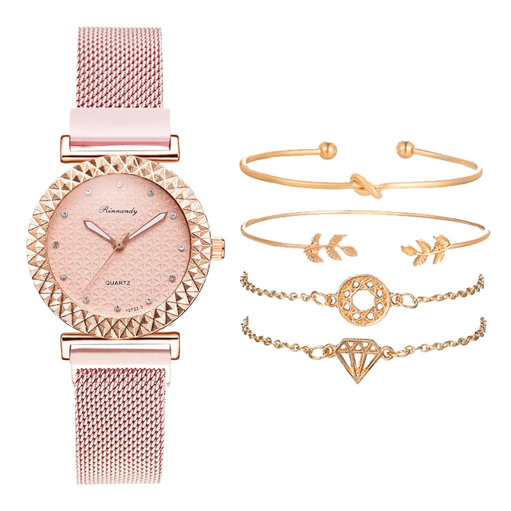 5PCS Women Watch Set Luxury Rose Gold